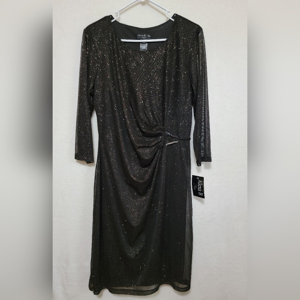 Alexa‎ B Nites Women Black Silver Glitter Faux Wrap Sheath Dress 14W 962701